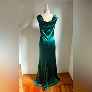 Emerald green satin stretch cowl back gown, L